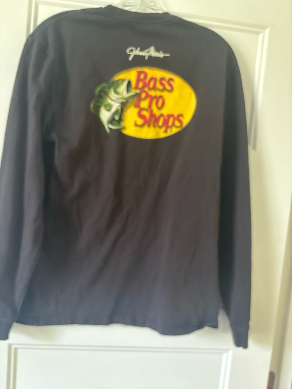 Bass Pro Shops Black Long Sleeve Tee with Yellow Logo and Green Fish Graphic